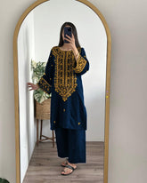 2 Pcs Women's Stitched Cotton Embroidered Shirt And Trouser