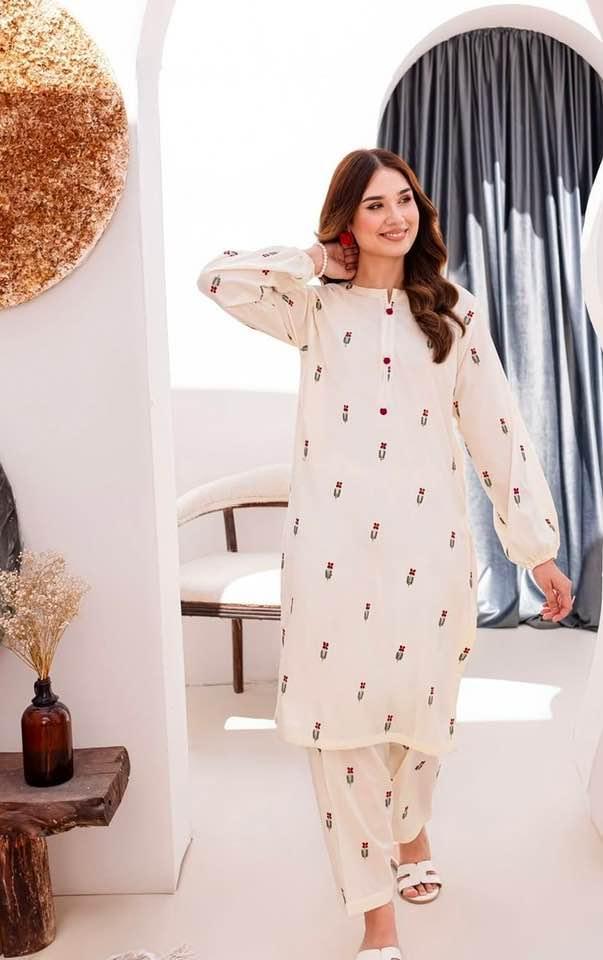 2 Pcs Women's Stitched Linen Embroidered Shirt And Trouser